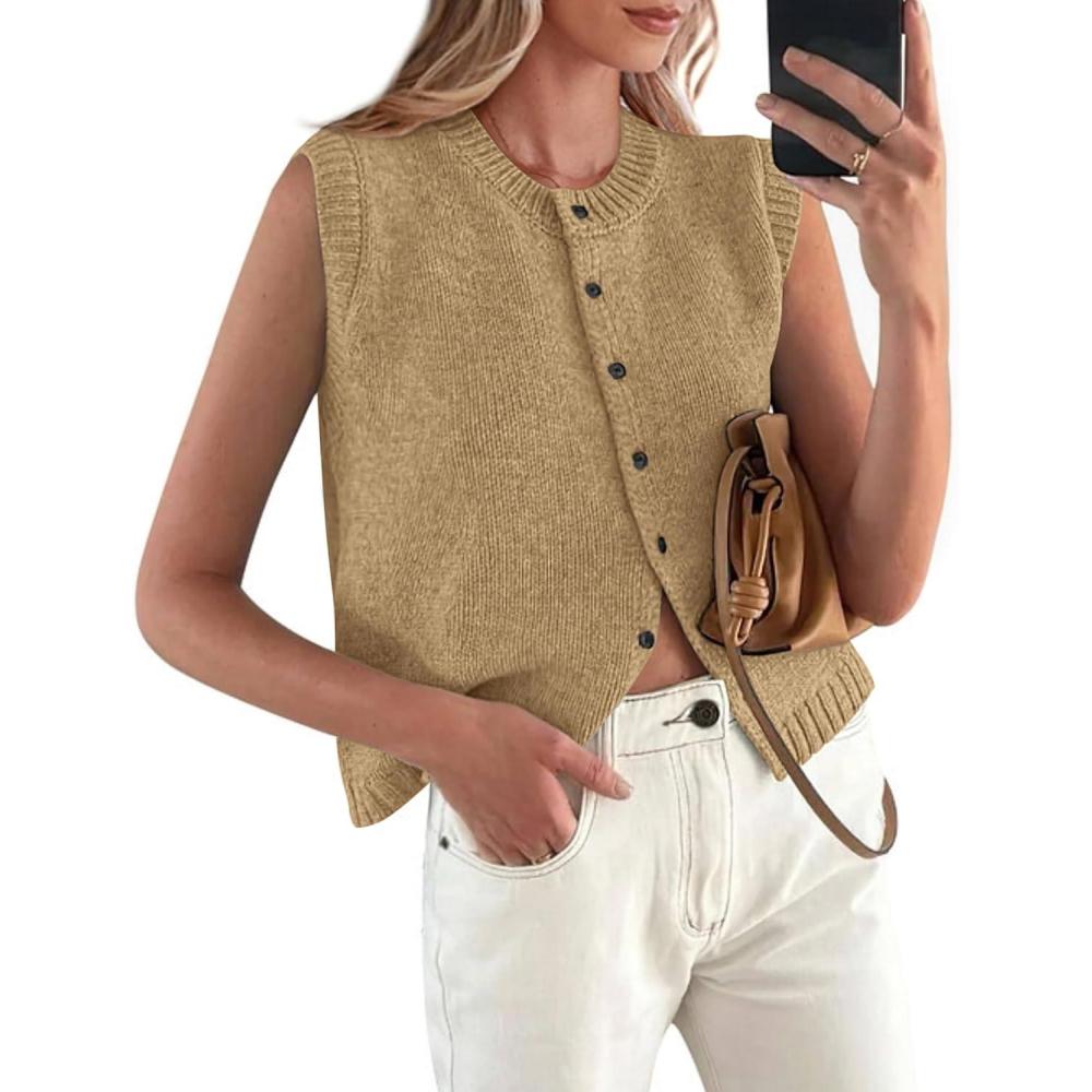 imagePRETTYGARDEN Sweater Vest Women 2025 Spring Summer Casual Lightweight Knit Sleeveless Button Down Tank Tops Trendy ClothesLight Khaki