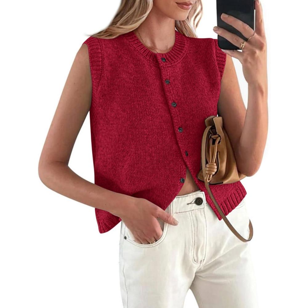 imagePRETTYGARDEN Sweater Vest Women 2025 Spring Summer Casual Lightweight Knit Sleeveless Button Down Tank Tops Trendy ClothesWine Red