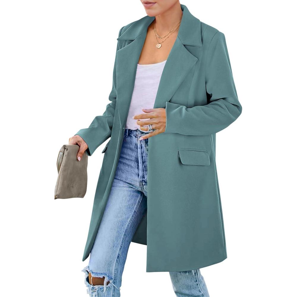 imagePRETTYGARDEN Womens 2025 Spring Fall Long Blazer Jackets Long Sleeve Lapel Pockets Loose Fit Work Casual Blazers OuterwearBlue Green