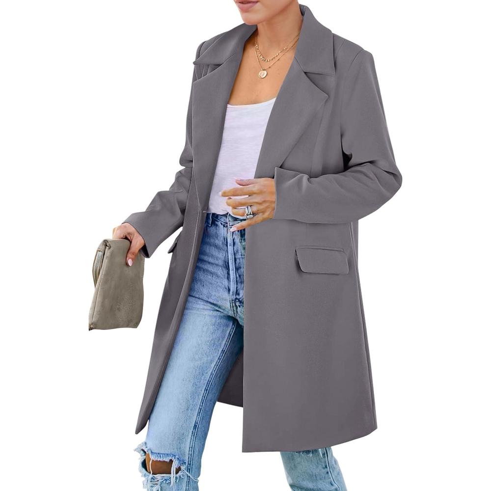 imagePRETTYGARDEN Womens 2025 Spring Fall Long Blazer Jackets Long Sleeve Lapel Pockets Loose Fit Work Casual Blazers OuterwearGrey
