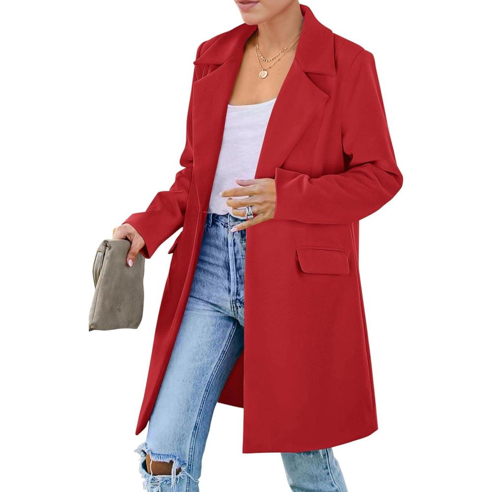 imagePRETTYGARDEN Womens 2025 Spring Fall Long Blazer Jackets Long Sleeve Lapel Pockets Loose Fit Work Casual Blazers OuterwearRed