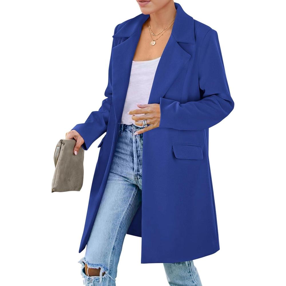imagePRETTYGARDEN Womens 2025 Spring Fall Long Blazer Jackets Long Sleeve Lapel Pockets Loose Fit Work Casual Blazers OuterwearRoyal Blue