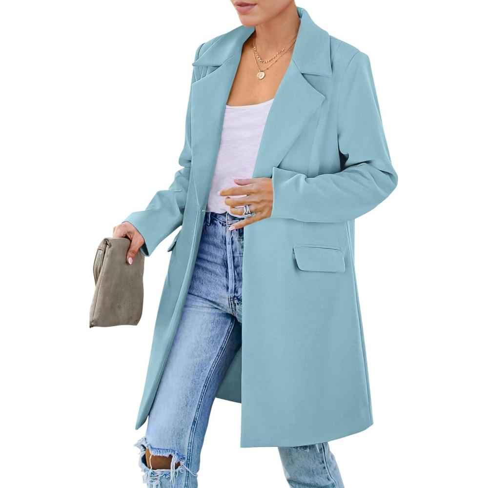 imagePRETTYGARDEN Womens 2025 Spring Fall Long Blazer Jackets Long Sleeve Lapel Pockets Loose Fit Work Casual Blazers OuterwearSky Blue