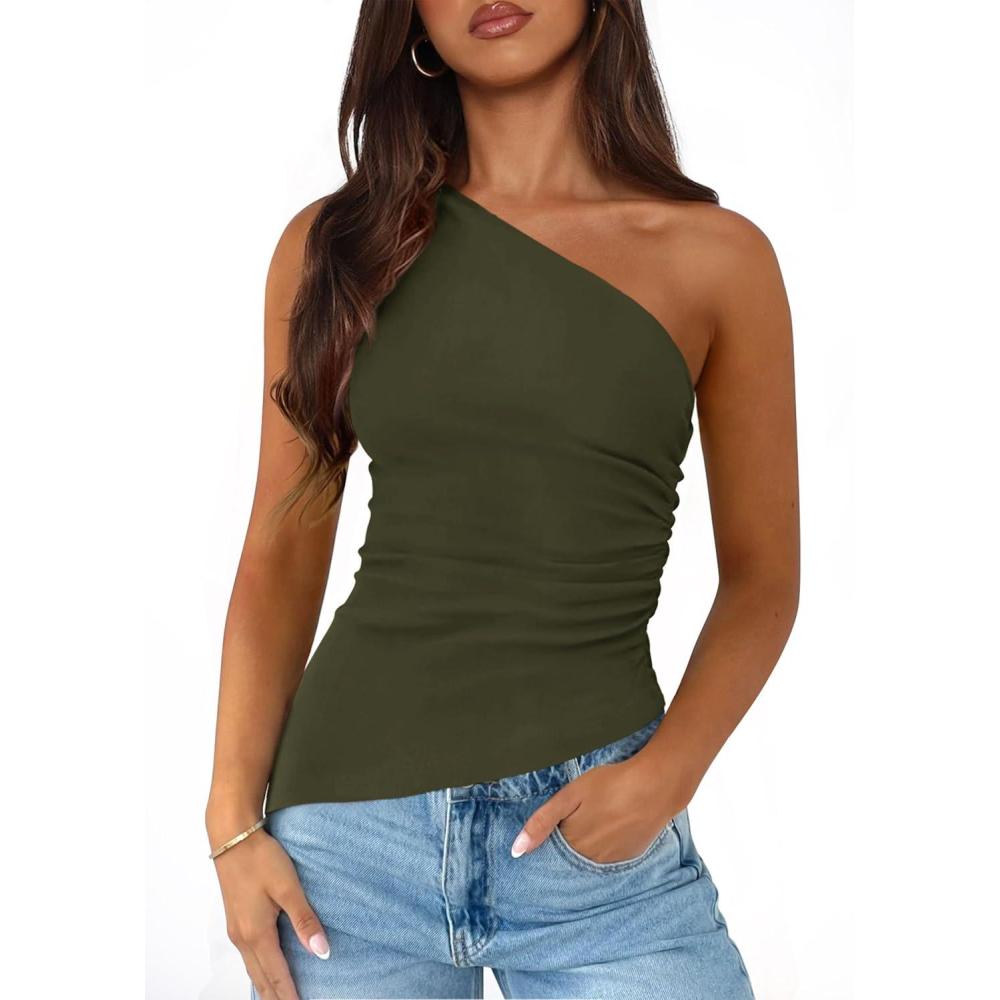 imagePRETTYGARDEN Womens 2025 Summer Y2K Tops Sleeveless One Shoulder Slim Fit Shirts Ruched Knit Asymmetrical Top BlouseArmy Green