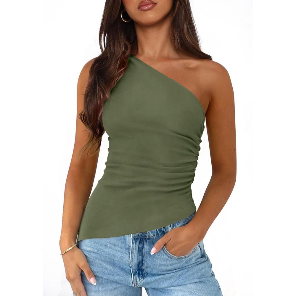 imagePRETTYGARDEN Womens 2025 Summer Y2K Tops Sleeveless One Shoulder Slim Fit Shirts Ruched Knit Asymmetrical Top BlouseGrey Green