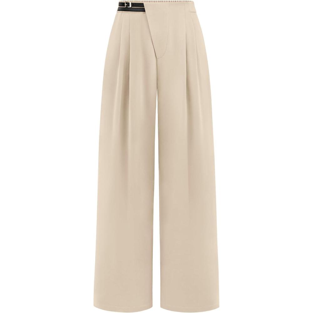 imagePRETTYGARDEN Womens Wide Leg Pants Dressy High Waisted Business Casual Work Office Suit Palazzo Pant TrousersBeige