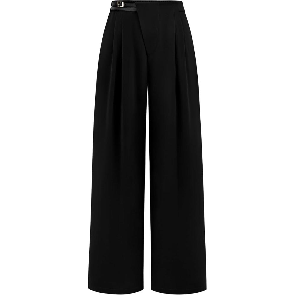 imagePRETTYGARDEN Womens Wide Leg Pants Dressy High Waisted Business Casual Work Office Suit Palazzo Pant TrousersBlack