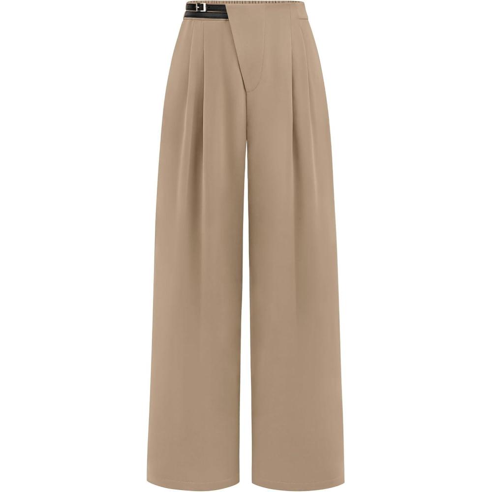 imagePRETTYGARDEN Womens Wide Leg Pants Dressy High Waisted Business Casual Work Office Suit Palazzo Pant TrousersCamel