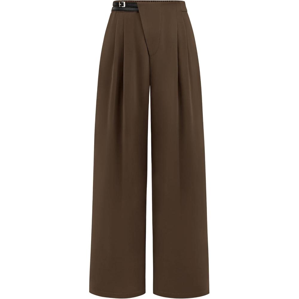 imagePRETTYGARDEN Womens Wide Leg Pants Dressy High Waisted Business Casual Work Office Suit Palazzo Pant TrousersCoffee