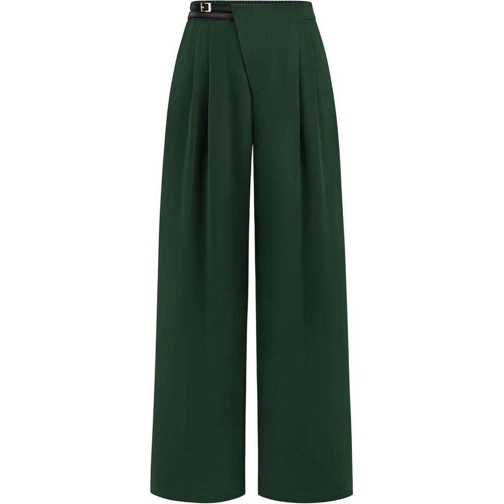 imagePRETTYGARDEN Womens Wide Leg Pants Dressy High Waisted Business Casual Work Office Suit Palazzo Pant TrousersDark Green