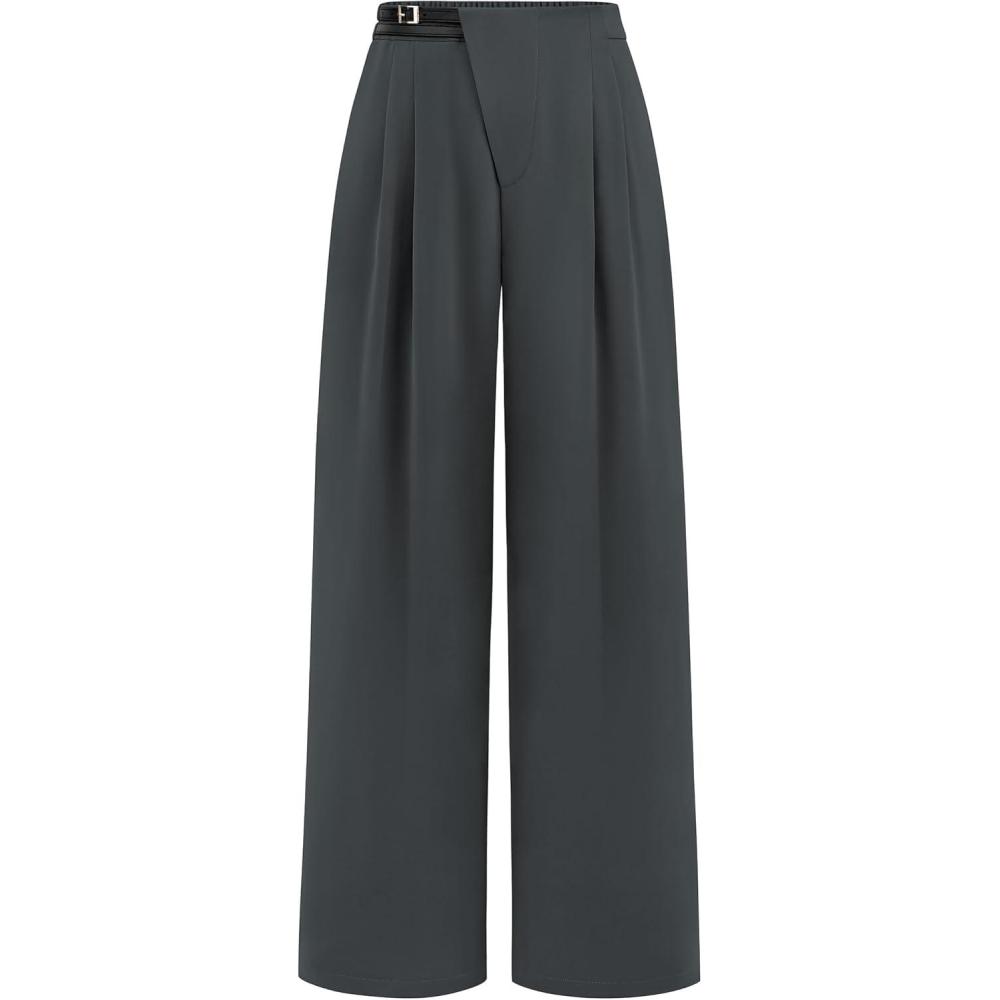 imagePRETTYGARDEN Womens Wide Leg Pants Dressy High Waisted Business Casual Work Office Suit Palazzo Pant TrousersDark Grey