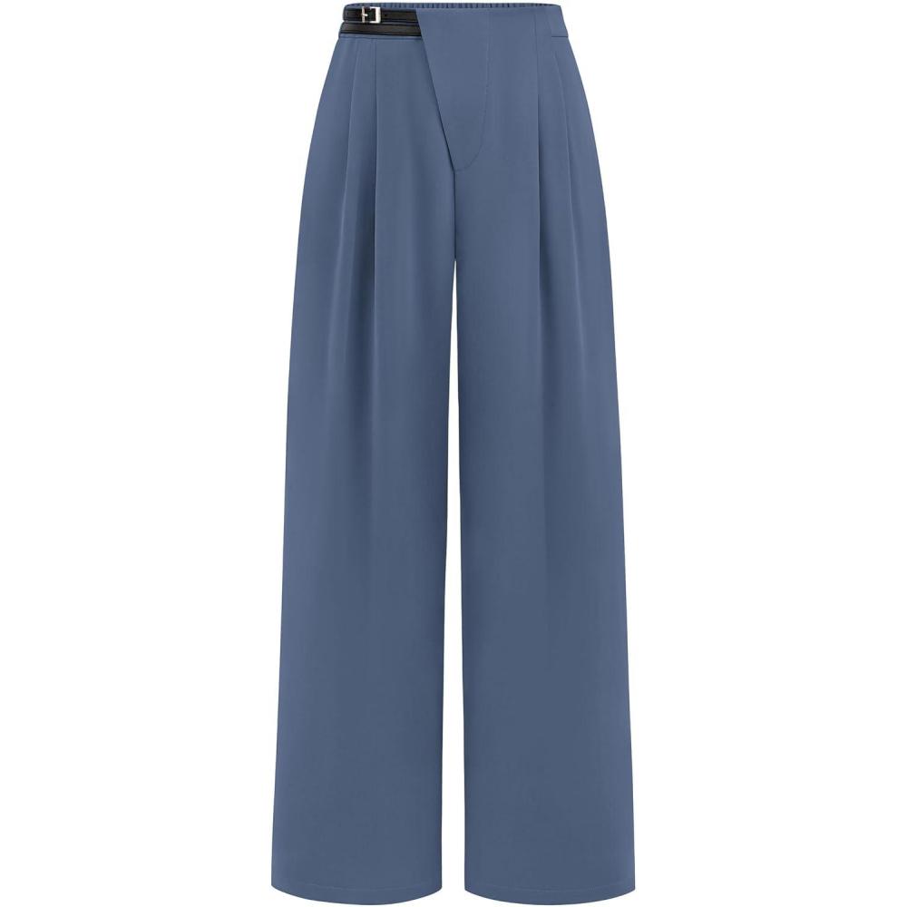 imagePRETTYGARDEN Womens Wide Leg Pants Dressy High Waisted Business Casual Work Office Suit Palazzo Pant TrousersGrey Blue