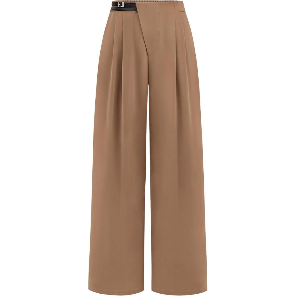 imagePRETTYGARDEN Womens Wide Leg Pants Dressy High Waisted Business Casual Work Office Suit Palazzo Pant TrousersKhaki