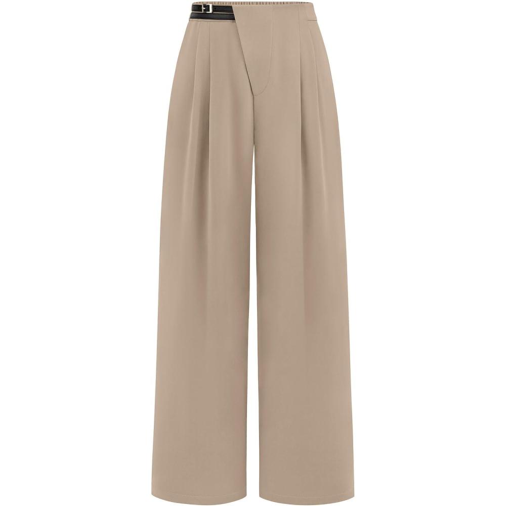 imagePRETTYGARDEN Womens Wide Leg Pants Dressy High Waisted Business Casual Work Office Suit Palazzo Pant TrousersLight Khaki