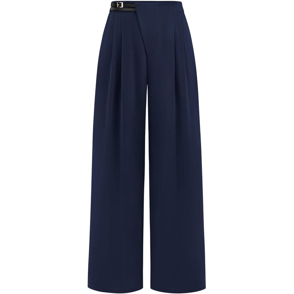 imagePRETTYGARDEN Womens Wide Leg Pants Dressy High Waisted Business Casual Work Office Suit Palazzo Pant TrousersNavy