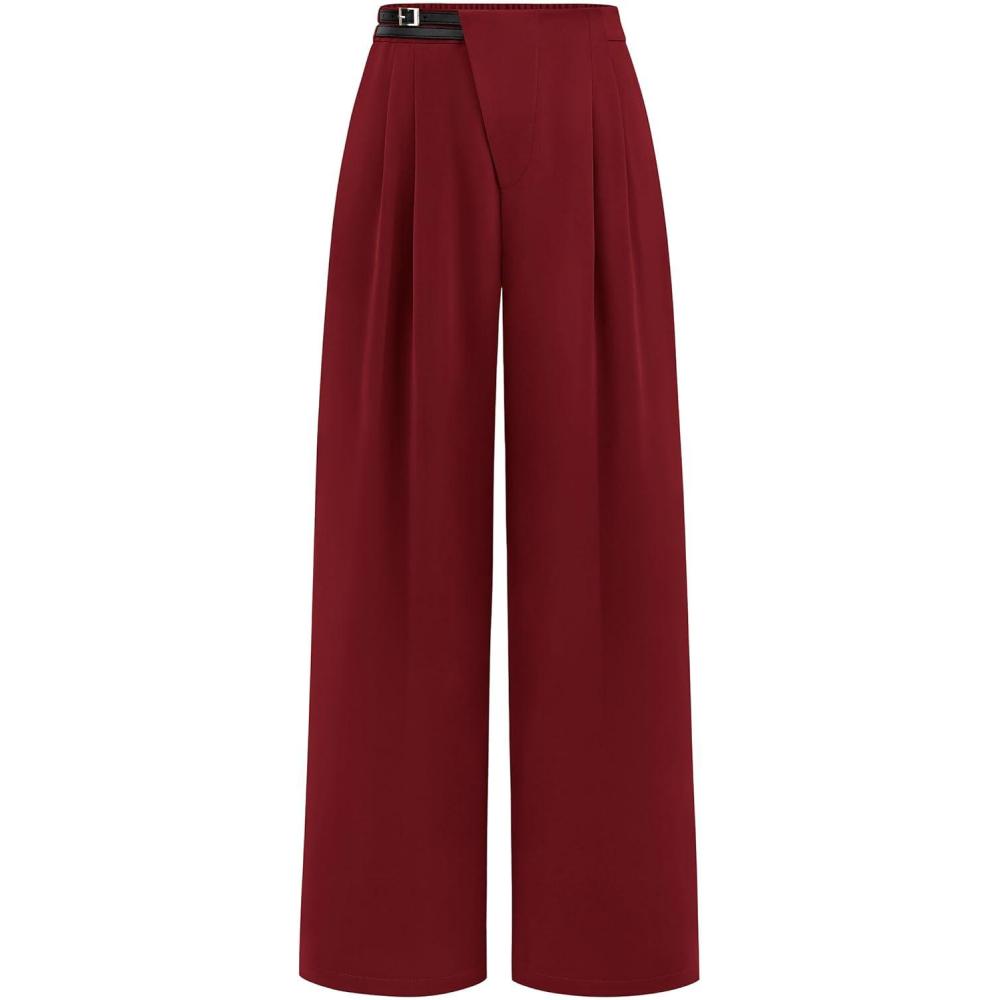 imagePRETTYGARDEN Womens Wide Leg Pants Dressy High Waisted Business Casual Work Office Suit Palazzo Pant TrousersWine Red