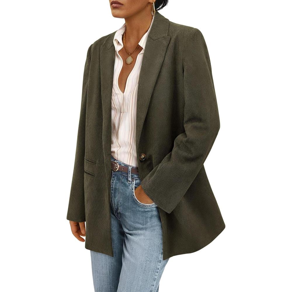imagePRETTYGARDEN Womens Winter Corduroy Blazers Jackets Dressy Casual Ribbed Long Sleeve Lapel Fashion Work Business OuterwearArmy Green
