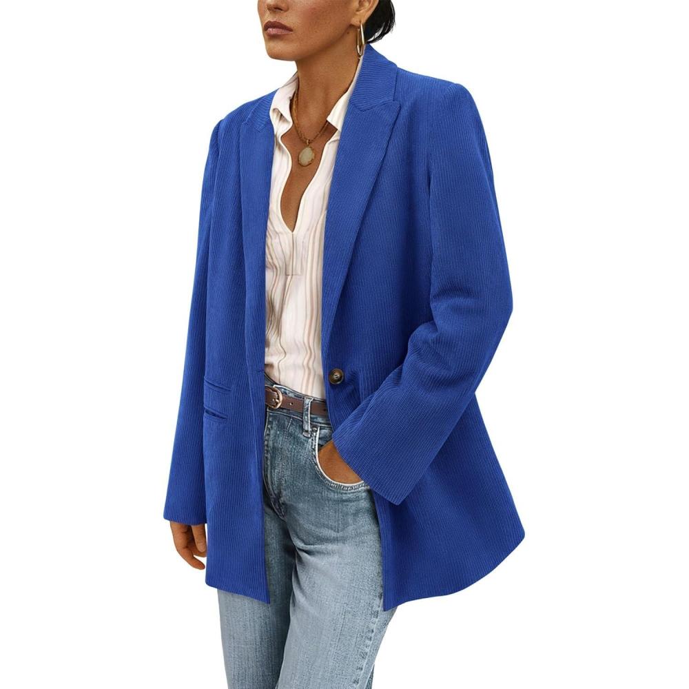 imagePRETTYGARDEN Womens Winter Corduroy Blazers Jackets Dressy Casual Ribbed Long Sleeve Lapel Fashion Work Business OuterwearBlue