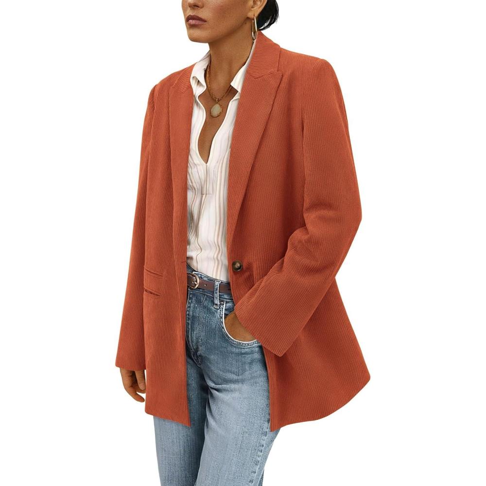 imagePRETTYGARDEN Womens Winter Corduroy Blazers Jackets Dressy Casual Ribbed Long Sleeve Lapel Fashion Work Business OuterwearBrick Red