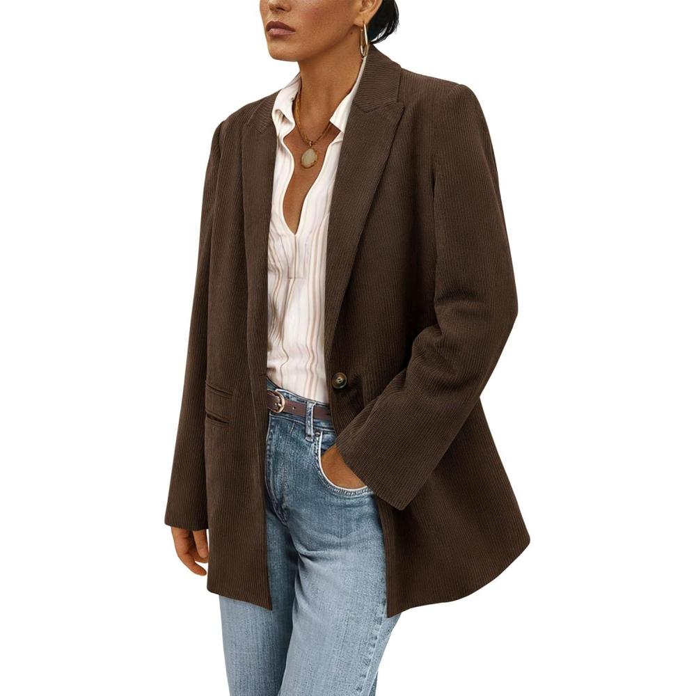 imagePRETTYGARDEN Womens Winter Corduroy Blazers Jackets Dressy Casual Ribbed Long Sleeve Lapel Fashion Work Business OuterwearCoffee