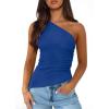 imagePRETTYGARDEN Womens 2025 Summer Y2K Tops Sleeveless One Shoulder Slim Fit Shirts Ruched Knit Asymmetrical Top BlouseBlue