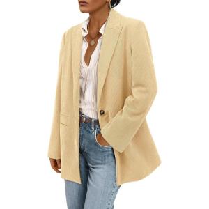 imagePRETTYGARDEN Womens Winter Corduroy Blazers Jackets Dressy Casual Ribbed Long Sleeve Lapel Fashion Work Business OuterwearBeige Yellow