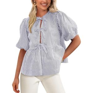 imagePRETTYGARDEN Womens Tie Front Striped Shirt 2025 Summer Trendy Fashion Cute Babydoll Tops Peplum Puffy Sleeve BlouseGrey Blue