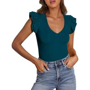 imagePRETTYGARDEN Womens V Neck Summer Tops Ruffle Sleeveless Slim Fit T Shirts Going Out Casual Blouses 2025Dark Blue