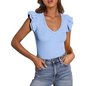 imagePRETTYGARDEN Womens V Neck Summer Tops Ruffle Sleeveless Slim Fit T Shirts Going Out Casual Blouses 2025Light Blue