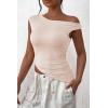 imagePRETTYGARDEN Womens 2025 Summer Off The Shoulder Crop Tops Sleeveless One Shoulder Ruched Asymmetrical Y2K Going Out Tank TopBeige