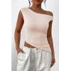 imagePRETTYGARDEN Womens 2025 Summer Off The Shoulder Crop Tops Sleeveless One Shoulder Ruched Asymmetrical Y2K Going Out Tank TopBeige