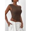 imagePRETTYGARDEN Womens 2025 Summer Off The Shoulder Crop Tops Sleeveless One Shoulder Ruched Asymmetrical Y2K Going Out Tank TopCoffee