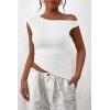 imagePRETTYGARDEN Womens 2025 Summer Off The Shoulder Crop Tops Sleeveless One Shoulder Ruched Asymmetrical Y2K Going Out Tank TopWhite