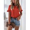 imagePRETTYGARDEN Womens Short Sleeve Casual T Shirts Summer Ruffle Plain Round Neck Loose Fit Tee Blouse TopsOrange Red