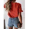 imagePRETTYGARDEN Womens Short Sleeve Casual T Shirts Summer Ruffle Plain Round Neck Loose Fit Tee Blouse TopsOrange Red