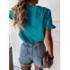 imagePRETTYGARDEN Womens Short Sleeve Casual T Shirts Summer Ruffle Plain Round Neck Loose Fit Tee Blouse TopsPeacock Blue