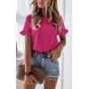 imagePRETTYGARDEN Womens Short Sleeve Casual T Shirts Summer Ruffle Plain Round Neck Loose Fit Tee Blouse TopsRose Red
