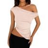 imagePRETTYGARDEN Womens 2025 Summer Off The Shoulder Crop Tops Sleeveless One Shoulder Ruched Asymmetrical Y2K Going Out Tank TopBeige