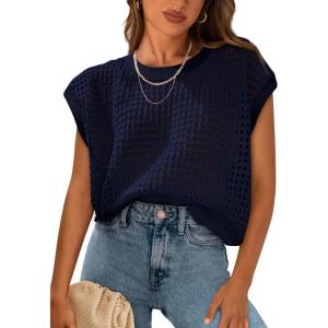 imagePRETTYGARDEN Womens Spring Tops 2025 Summer Shirts Crochet Cap Sleeve Sweater Pullover Cute Crew Neck Beach Cover UpsNavy