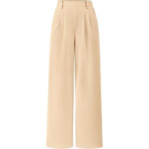 imagePRETTYGARDEN Womens Wide Leg Dress Pants Dressy Casual High Elastic Waisted Work Office Trousers Palazzo PantsBeige