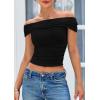 imagePRETTYGARDEN Off The Shoulder Tops for Women 2025 Summer Short Sleeve Ruched Slim Fit Shirts Blouses Y2K Going Out TopBlack