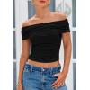 imagePRETTYGARDEN Off The Shoulder Tops for Women 2025 Summer Short Sleeve Ruched Slim Fit Shirts Blouses Y2K Going Out TopBlack