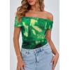 imagePRETTYGARDEN Off The Shoulder Tops for Women 2025 Summer Short Sleeve Ruched Slim Fit Shirts Blouses Y2K Going Out TopFloral Green