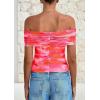 imagePRETTYGARDEN Off The Shoulder Tops for Women 2025 Summer Short Sleeve Ruched Slim Fit Shirts Blouses Y2K Going Out TopFloral Pink