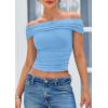 imagePRETTYGARDEN Off The Shoulder Tops for Women 2025 Summer Short Sleeve Ruched Slim Fit Shirts Blouses Y2K Going Out TopLight Blue