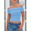 imagePRETTYGARDEN Off The Shoulder Tops for Women 2025 Summer Short Sleeve Ruched Slim Fit Shirts Blouses Y2K Going Out TopLight Blue