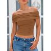 imagePRETTYGARDEN Off The Shoulder Tops for Women 2025 Summer Short Sleeve Ruched Slim Fit Shirts Blouses Y2K Going Out TopLight Brown