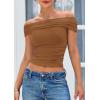 imagePRETTYGARDEN Off The Shoulder Tops for Women 2025 Summer Short Sleeve Ruched Slim Fit Shirts Blouses Y2K Going Out TopLight Brown