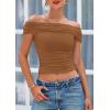 imagePRETTYGARDEN Off The Shoulder Tops for Women 2025 Summer Short Sleeve Ruched Slim Fit Shirts Blouses Y2K Going Out TopLight Brown