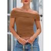 imagePRETTYGARDEN Off The Shoulder Tops for Women 2025 Summer Short Sleeve Ruched Slim Fit Shirts Blouses Y2K Going Out TopLight Brown